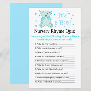 Blue bear Nursery Rhyme Quiz baby shower game