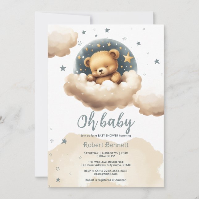 Blue bear on clouds baby shower invitation  (Front)