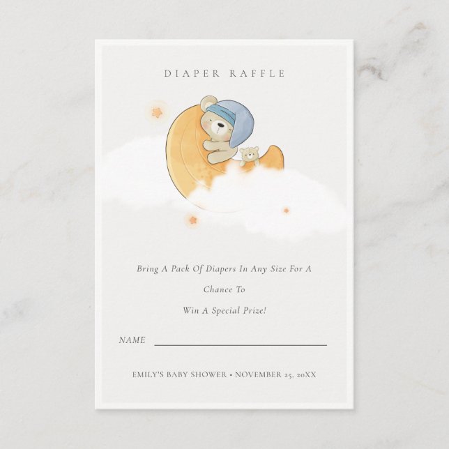 Blue Bear Over Moon Boy Diaper Raffle Baby Shower Enclosure Card (Front)