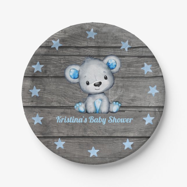 Blue bear Plate 4 Baby Shower,  Rustic, Birthday (Front)