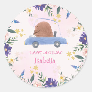 Blue Bear Race car Tropical flower Birthday party Classic Round Sticker