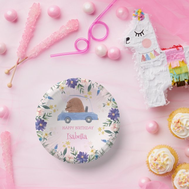 Blue Bear Race car Tropical flower Birthday party Paper Plate (Party)