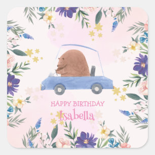 Blue Bear Race car Tropical flower Birthday party Square Sticker