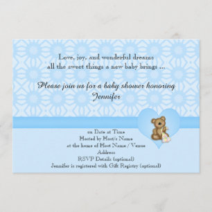 Blue Bear Retro Flowers Baby Shower Invitation