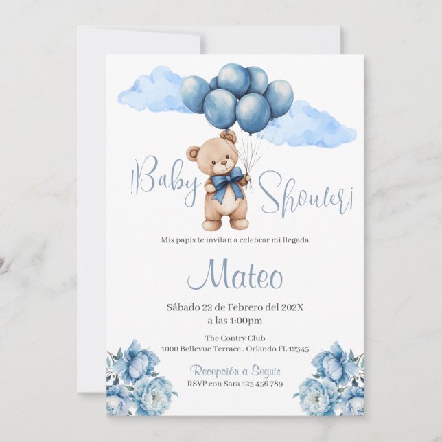 Blue Bear Spanish Baby Shower Boy invitation (Front)