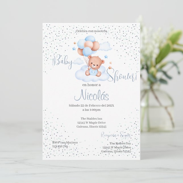 Blue Bear Spanish Baby Shower Boy invitation (Standing Front)