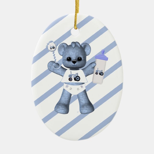 Blue Bear Tractor 1st Christmas Ornament (Front)