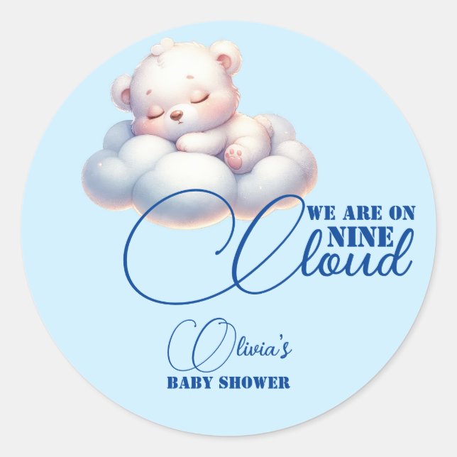 Blue Bear We are on cloud nine Baby Shower Classic Round Sticker (Front)