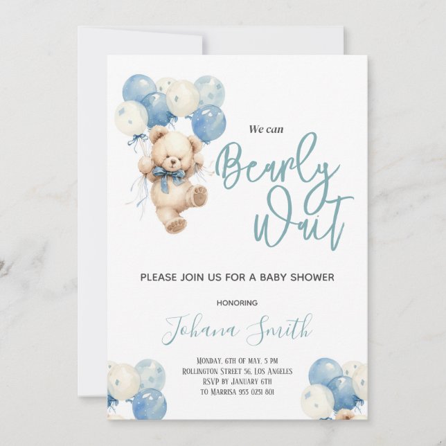 Blue Bear We can Bearly wait Baby Shower Invitation (Front)