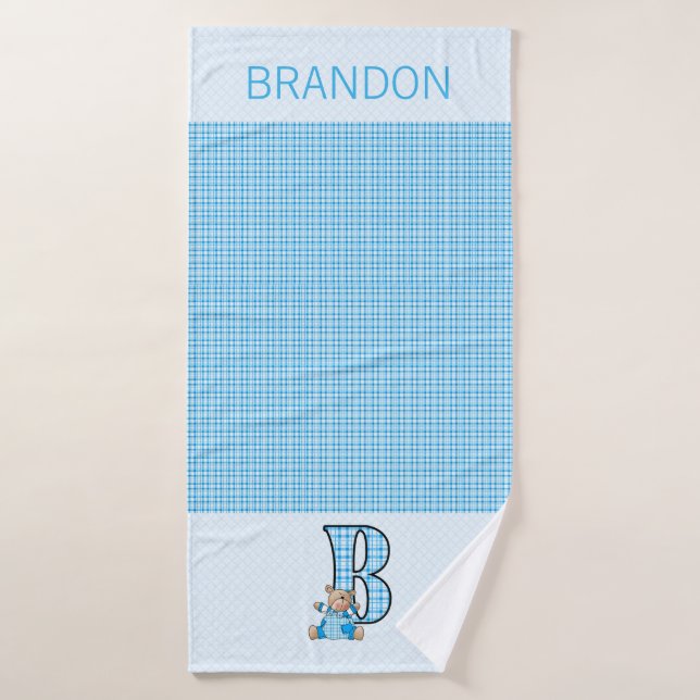 Blue Bear with Letter B in Gingham Checks Bath Towel (Bath Towel)