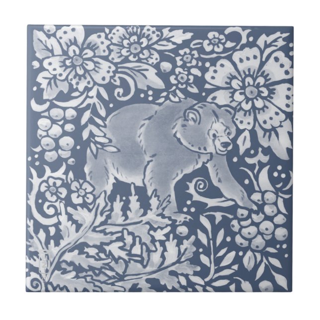 Blue Bear Woodland Forest Animal Faces R Tile (Front)