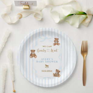 Blue Bearly Wait Baby Shower Elegant Stripe Paper Plate
