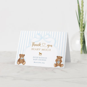 Blue Bearly Wait Baby Shower Elegant Stripe Thank You Card