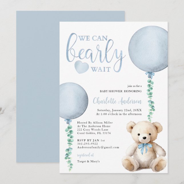 Blue Bearly Wait Baby Shower Invitation Boy (Front/Back)