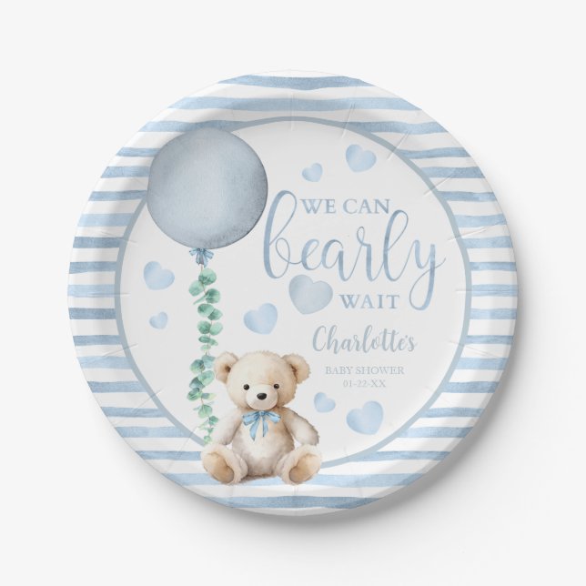 Blue Bearly Wait Baby Shower Paper Plates (Front)