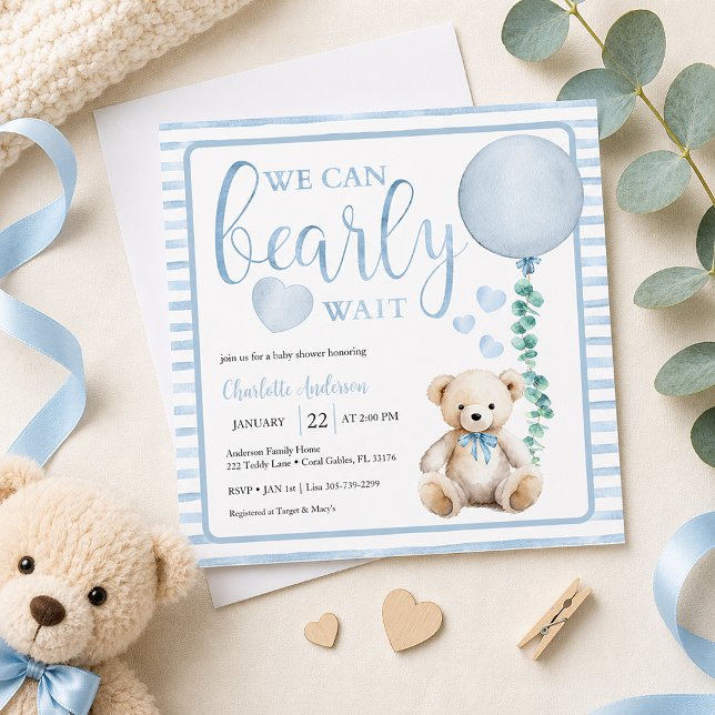 Blue Bearly Wait Teddy Bear Baby Shower Invite (Blue Pastel baby shower invitation flat-lay)