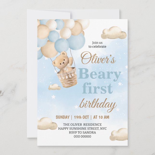 Blue Beary First Birthday Invitation (Front)
