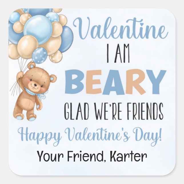 Blue Beary Glad We're Friends Valentine's Day Square Sticker (Front)