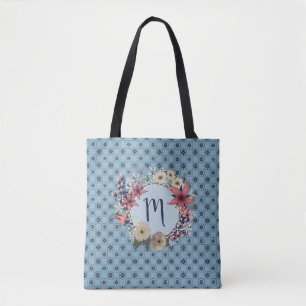 Blue Beauty Floral Monogram Wreath Tote Bag