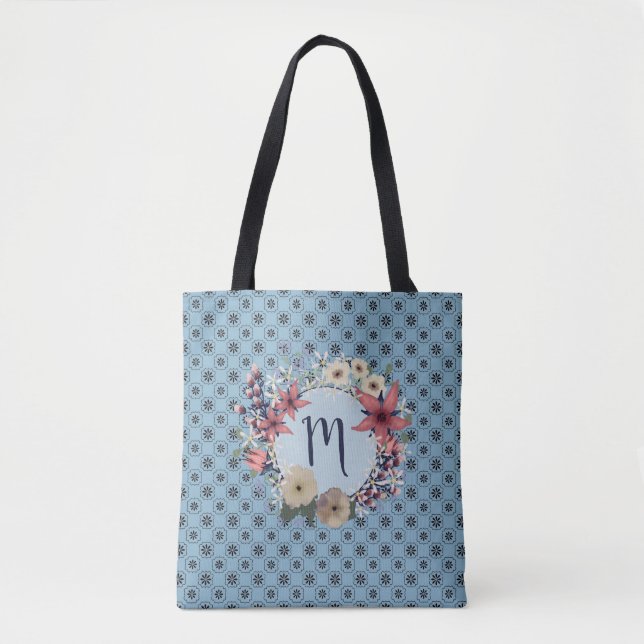 Blue Beauty | Floral Monogram Wreath Tote Bag (Front)