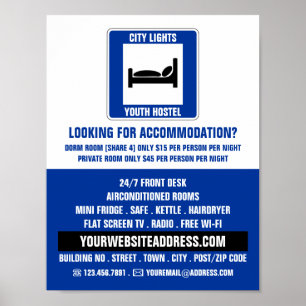 Blue Bed Logo, Hostel Accommodation Advertising Poster
