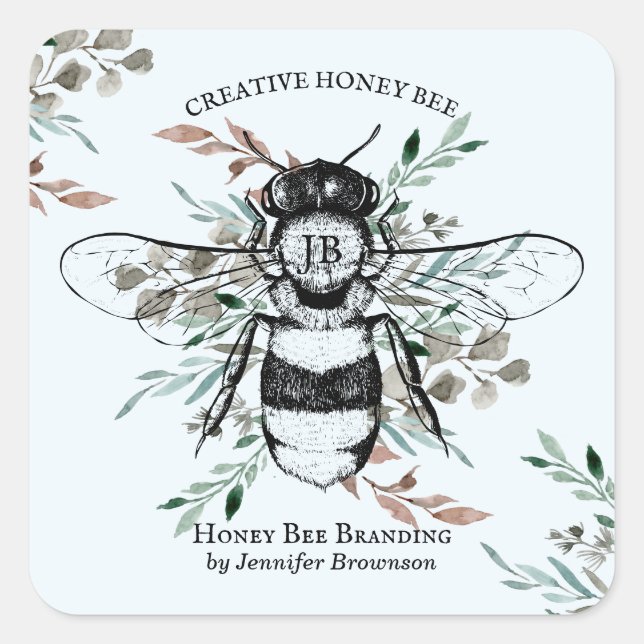Blue Bee Apiary Flower Honey Marketing Square Sticker (Front)