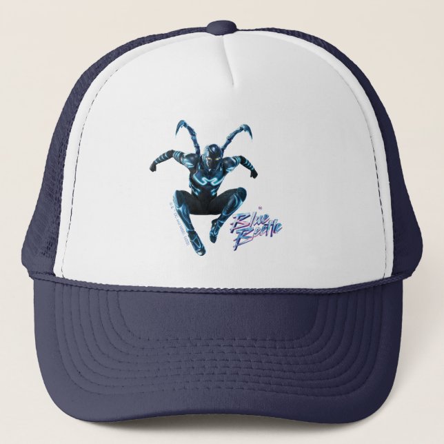 Blue Beetle Leaping Character Art Trucker Hat (Front)