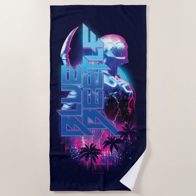 Blue Beetle Retrowave City Lights Beach Towel (Front)