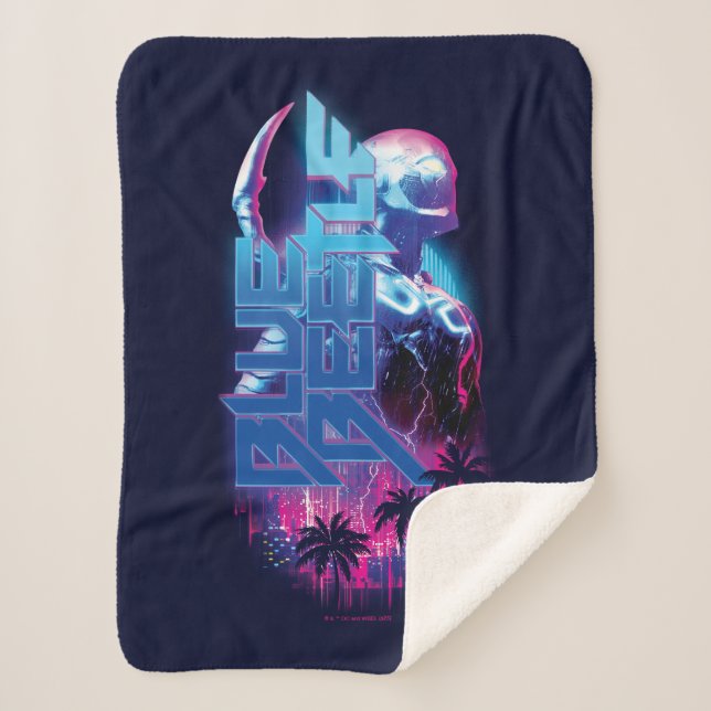 Blue Beetle Retrowave City Lights Sherpa Blanket (Front)