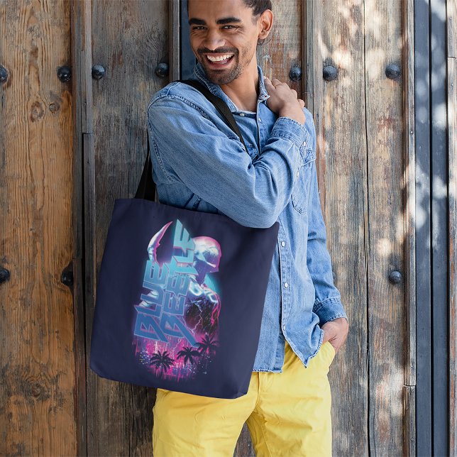 Blue Beetle Retrowave City Lights Tote Bag (Person carrying tote on shoulder)