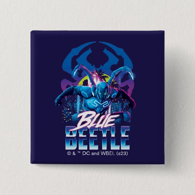 Blue Beetle Retrowave City Sunset 15 Cm Square Badge (Front)