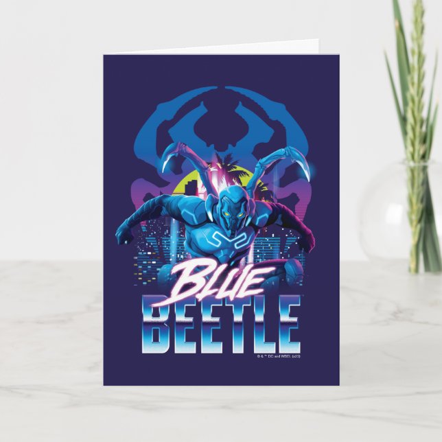 Blue Beetle Retrowave City Sunset Card (Front)