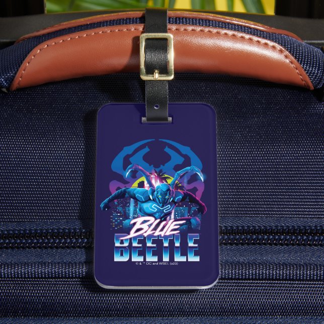 Blue Beetle Retrowave City Sunset Luggage Tag (Front Insitu 2)