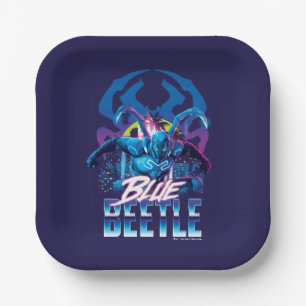 Blue Beetle Retrowave City Sunset Paper Plate