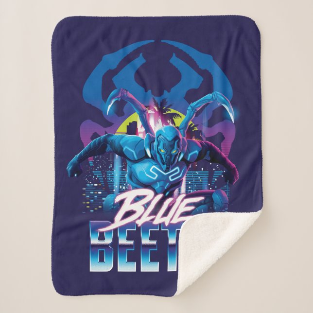 Blue Beetle Retrowave City Sunset Sherpa Blanket (Front)
