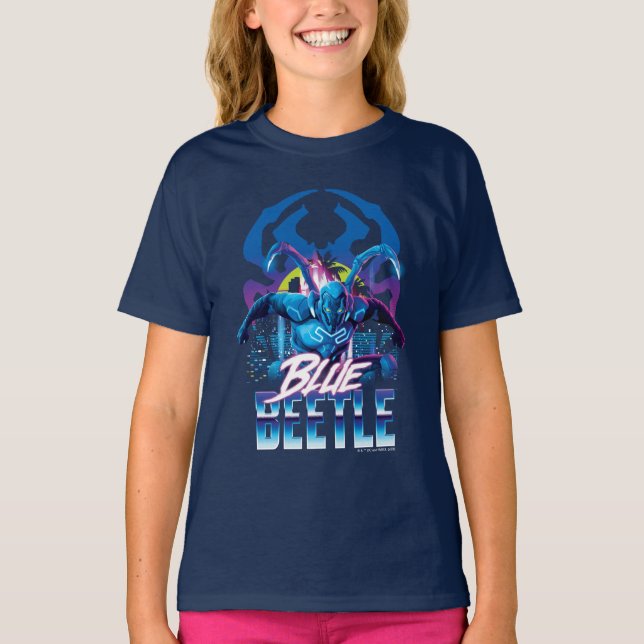 Blue Beetle Retrowave City Sunset T-Shirt (Front)