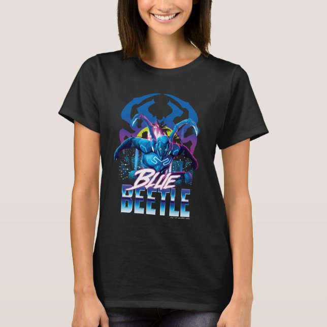 Blue Beetle Retrowave City Sunset T-Shirt (Front)