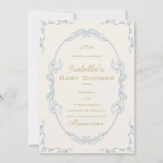 Blue Beige And Gold Elegant baby shower Invitation