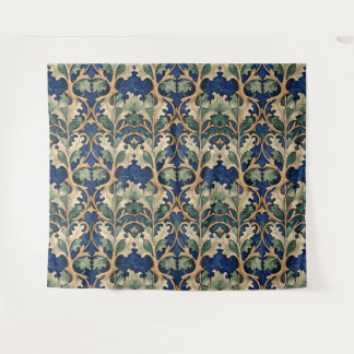 Blue, beige, and green stylised oak leaf pattern tapestry