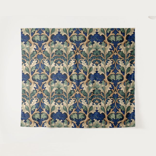 Blue, beige, and green stylised oak leaf pattern tapestry (Front (Horizontal))