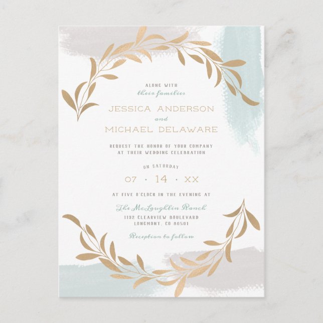 Blue & Beige Aquarelle Brushed Botanical Wedding Invitation Postcard (Front)