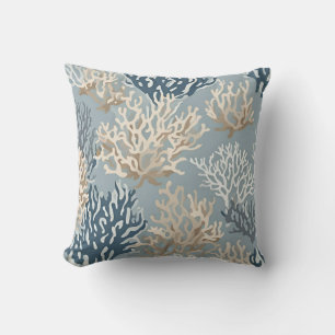 Blue Beige Beachy Coral Reef Nautical Pattern Cushion