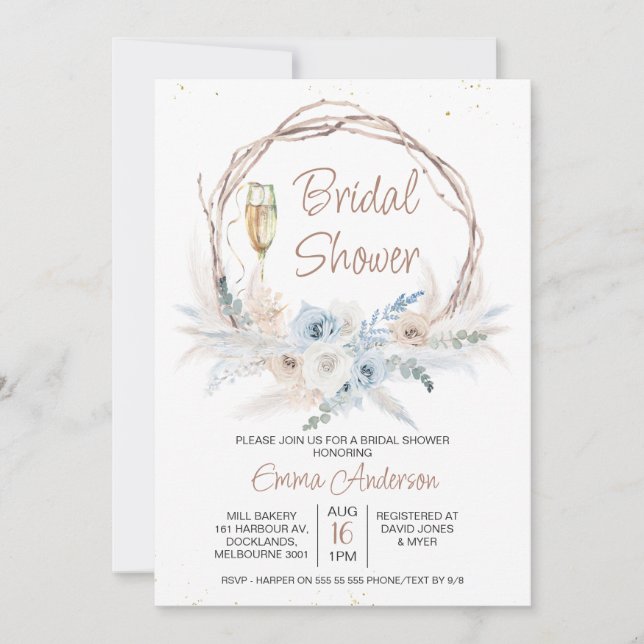 Blue Beige Boho Floral Pampas Grass Bridal Shower  Invitation (Front)