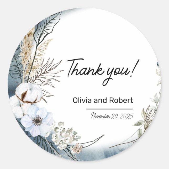Blue Beige Boho Floral Thank You  Classic Round Sticker (Front)