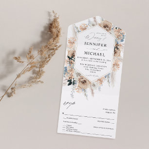 Blue & Beige Boho Floral Wedding All In One Invitation