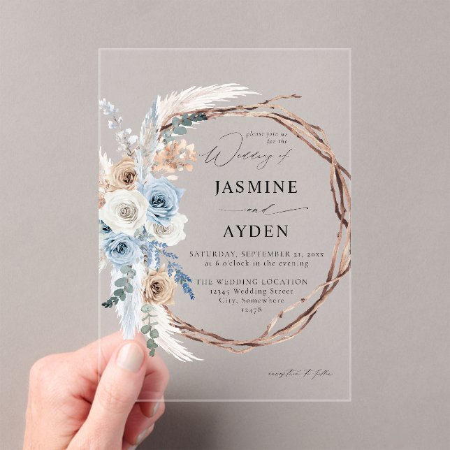 Blue & Beige Boho Floral Wreath Wedding Acrylic Invitations (Insitu (Handheld))