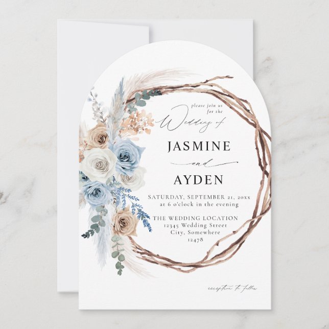 Blue & Beige Boho Floral Wreath Wedding Blue- Arc Invitation (Front)