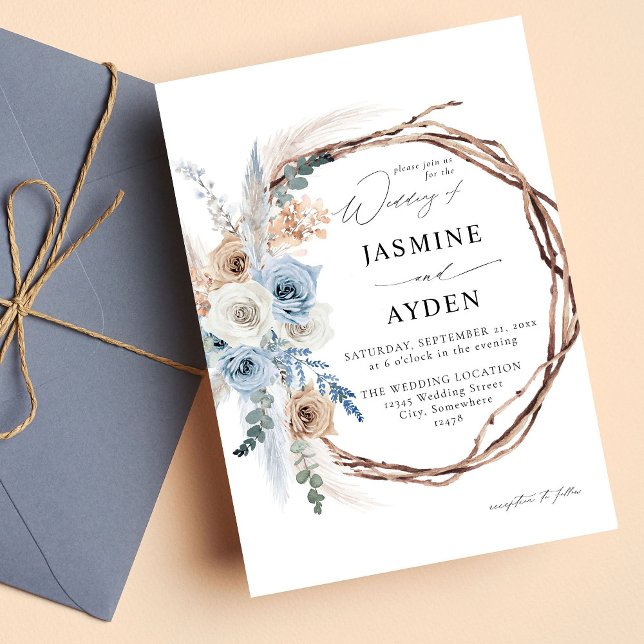 Blue & Beige Boho Floral Wreath Wedding Invitation (Creator Uploaded)