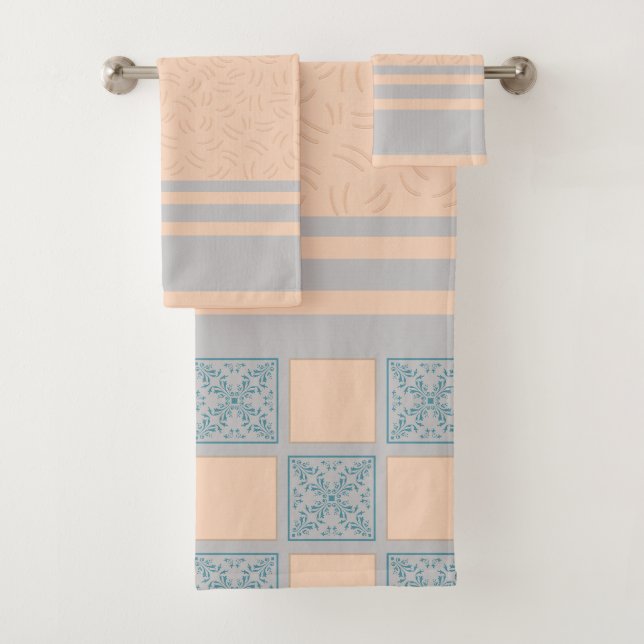 Blue & Beige Coastal Tile Pattern | Seamless Geome Bath Towel Set (Insitu)