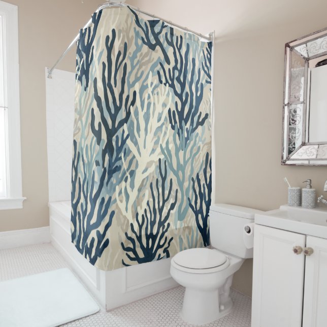 Blue Beige Coral Shower Curtain (In Situ)